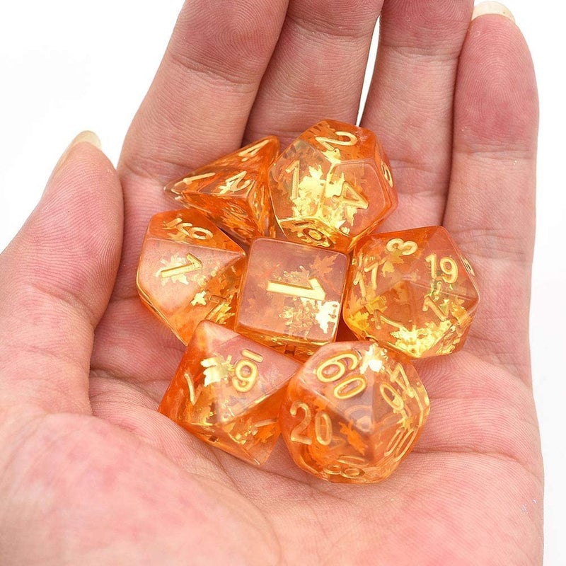 Cusdie 7-Piece Dice Set - Resin DND Dice with Yellow Leaf-Shaped Gold Foil Design, Perfect for Board Game Enthusiasts, Gifts, and Collectors(Fall Dice) - Image 4